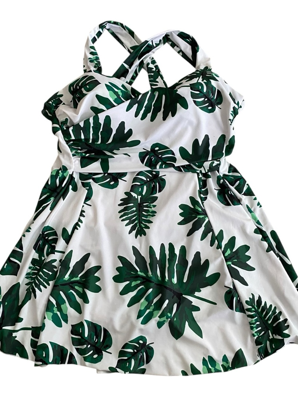 Tropical Palm Leaf Swimsuit Crossover Modest One Piece Swim Dress Beach Resort - Picture 3 of 8